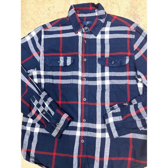 George Plaid Flannel Button Up Shirt M Navy Red White – Classic Y2K Streetwear - Picture 3 of 12